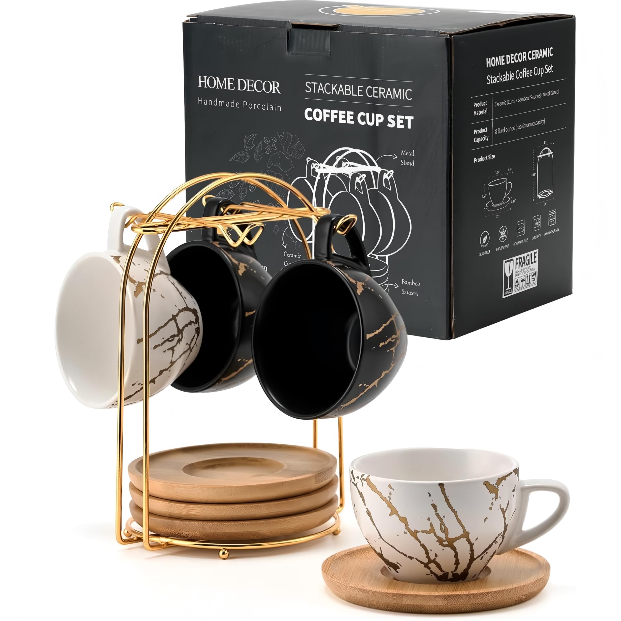 HOME DECOR Ceramic Cappuccino Cups Set of 4, 220ml Stackable Cappuccino Mugs and Saucer with Metal Stand for Coffee Lover, Cappuccino, Latte, Americano and Tea -Black&White