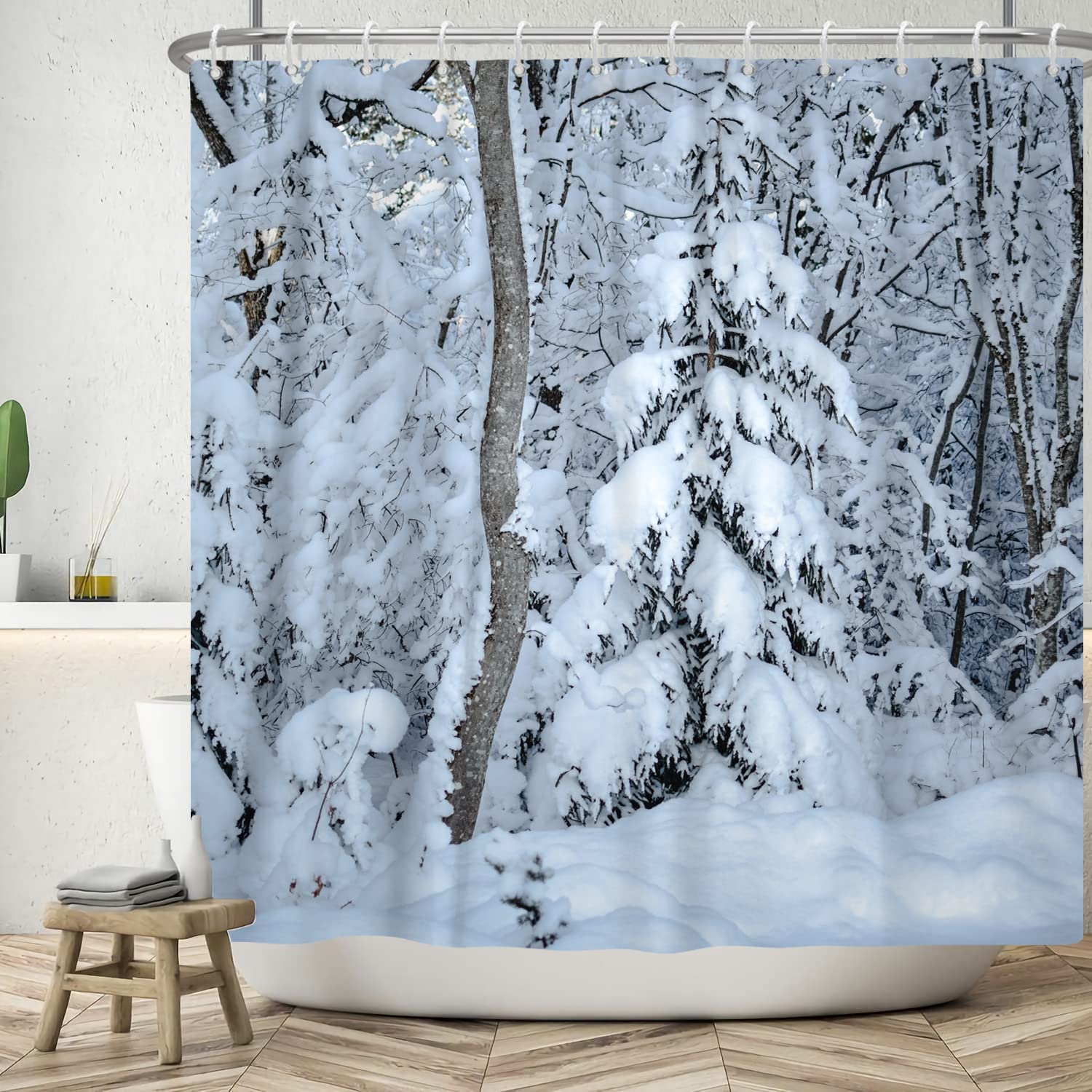 Bovlleetd 71x71inch Winter Snow Shower Curtain 3D Winter Forest Snowing Shower Curtains Natural Scenery Bathroom Decorative Curtain Waterproof Bath Curtain with Hooks Durable