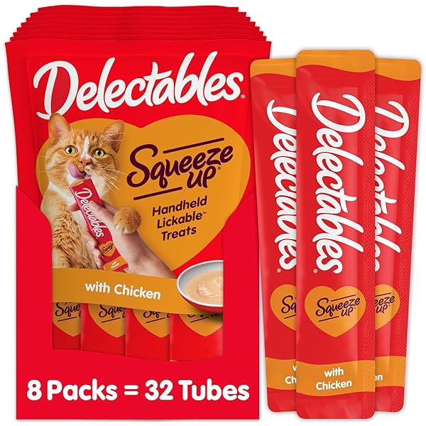 DELECTABLES SQUEEZE UP CREAMY SQUEEZABLE PUREE, LICKABLE WET CAT TREATS, GRAIN FREE, NO ADDED FILLERS, NO BY-PRODUCTS, NO ADDED PRESERVATIVES, 0.5 OUNCES TUBE CHICKEN FLAVOR, 32 TUBES TOTAL