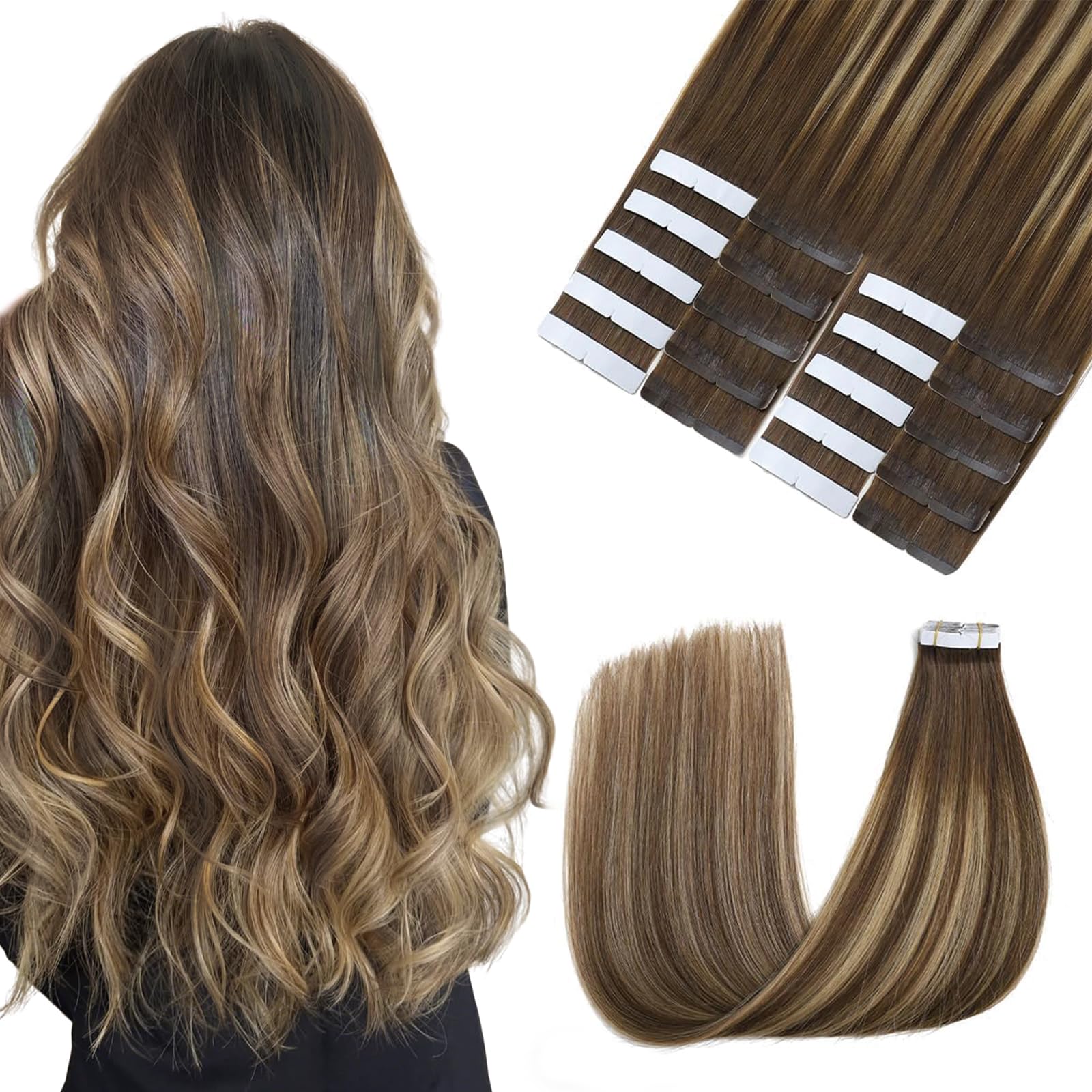 Sindra Tape in Hair Extensions 50g 14 Inch 20pcs Balayage Chocolate Brown to Caramel Blonde Tape in Silky Straight Remy Human Hair Extension#4/27/4 14" — image 1
