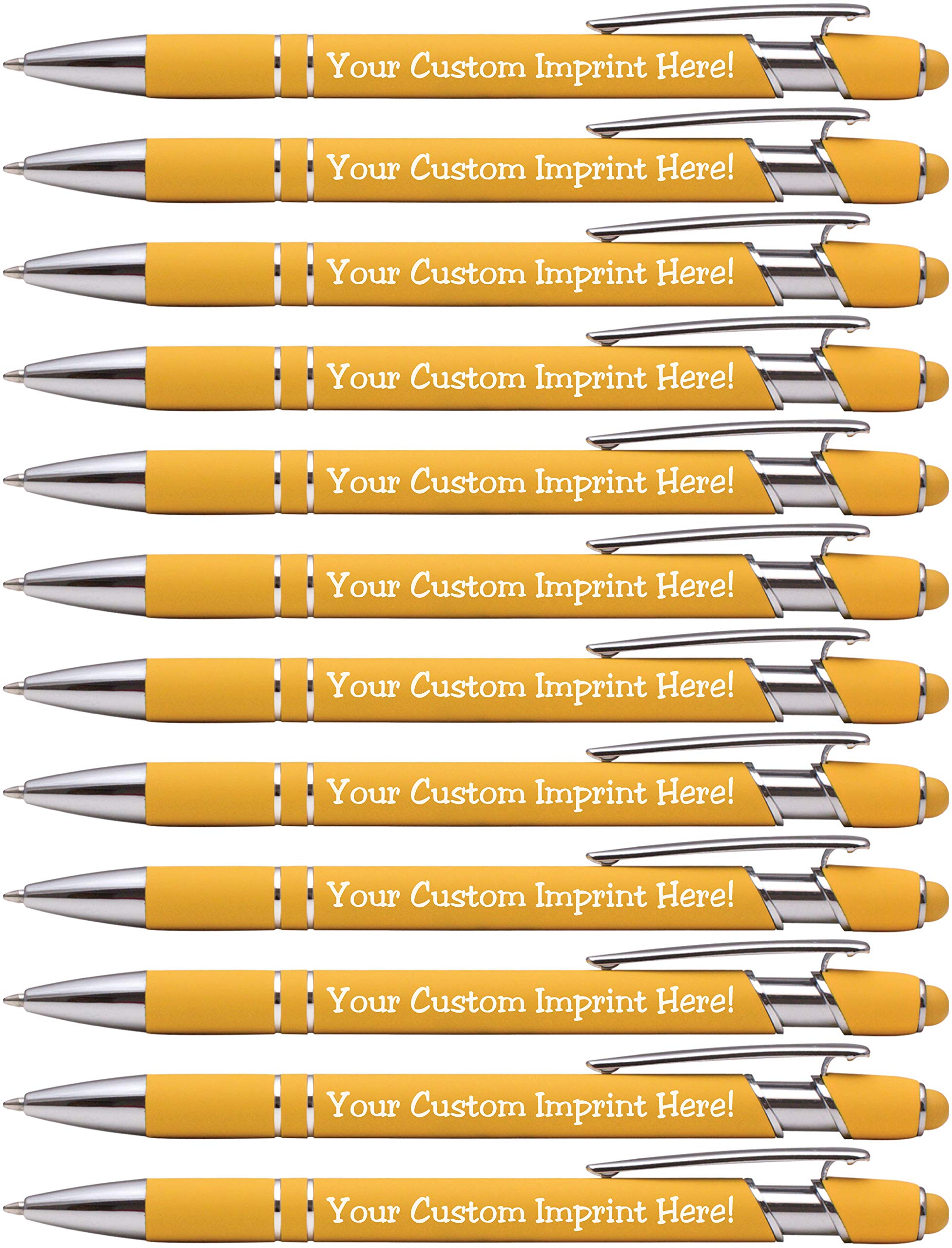ExpressDesigns™ - Premium Custom Pens with Stylus | Burst of Color | Personalized Soft Touch Metal Printed Name Pens w/Black Ink - Imprinted w/Logo or Message - 12 pcs/pack (Yellow)