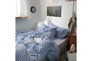 mixinni Vintage Striped Blue Duvet Cover Queen - 100% Cotton Red Stripes 3-Piece Bedding Duvet Cover Set with Zipper Closure,