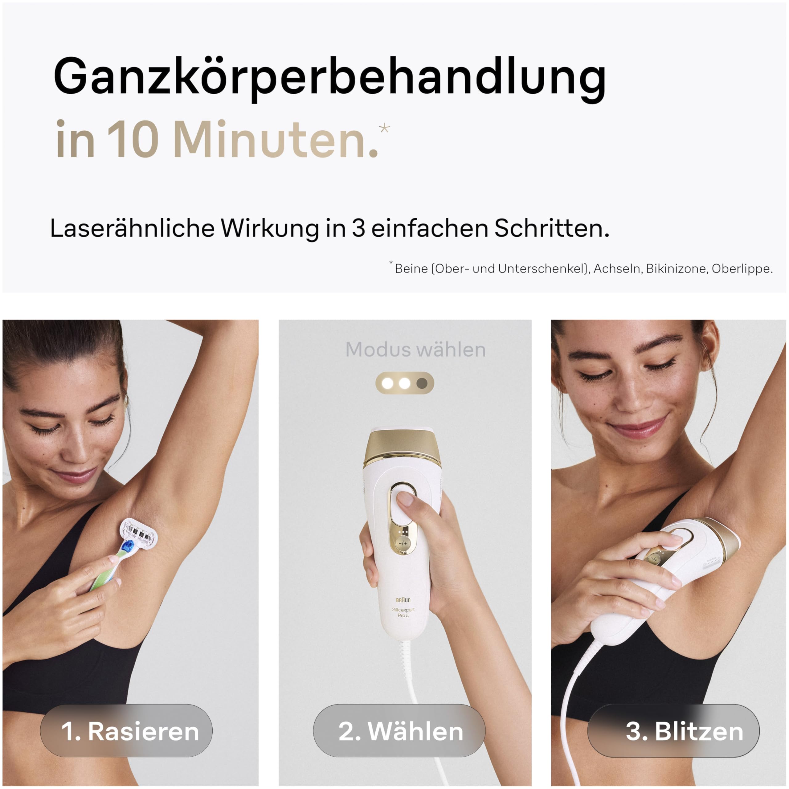 Braun IPL Geräte Haarentfernung Silk·expert Pro 5 — Dauerhaft und Schmerzfrei Haarentfernung für Zuhause — Inkl. Etui, Gillette Venus Rasierer, 3 Aufsätze, Designed in Germany — PL5262, Weiß/Gold 3