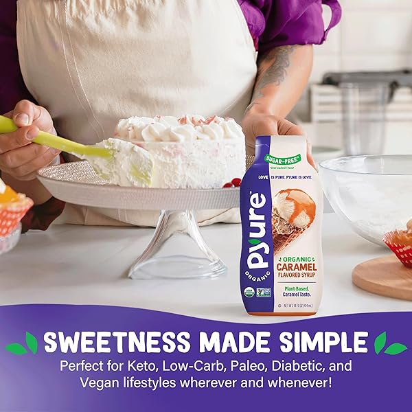 PYURE ORGANIC CARAMEL DESSERT SYRUP | SUGAR-FREE CARAMEL TOPPING FOR KETO ICE CREAM, PANCAKES, LOW CARB SWEETS | 1G NET CARB, GLUTEN-FREE, VEGAN, NON-GMO, PLANT-BASED, DIABETIC FRIENDLY | 14 OZ