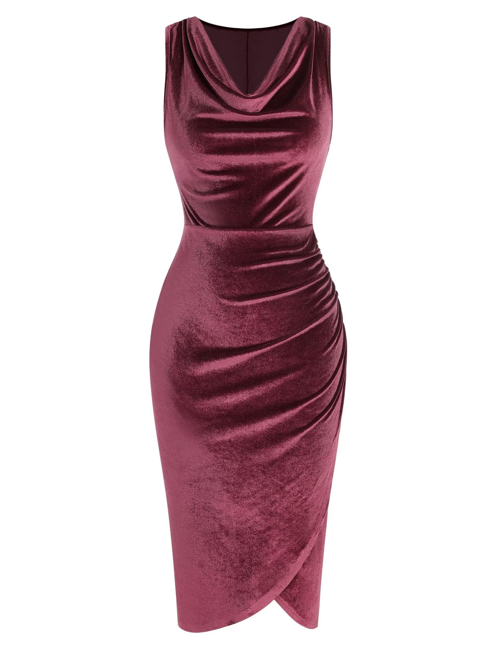 Photo 1 of ZAFUL Wedding Guest Dress for Women Cowl Neck Sleeveless Ruched Bodycon Dress Velvet Midi Cocktail Party Dresses(Wine,XL)
