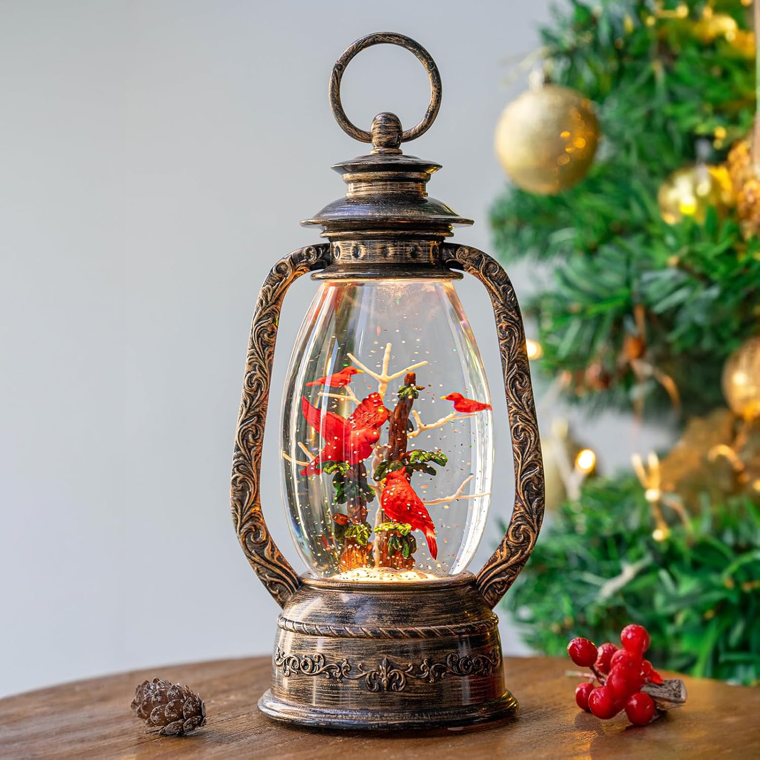Snow Globes - 12'' Christmas Snow Globe Lantern Water Glittering Cardinals with Music & Timer, USB Lined/Battery Operated Lighted Lantern for Christmas Festival Decoration Gifts (Cardinals Perched on Trees)