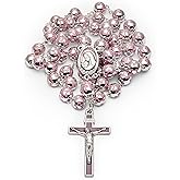 Rosary Beads catholic for Women and Men from Vatican Sacred Heart of Jesus Rosary in Silver Color Beads Decorated with Pink Flowers - Perfect Catholic gifts