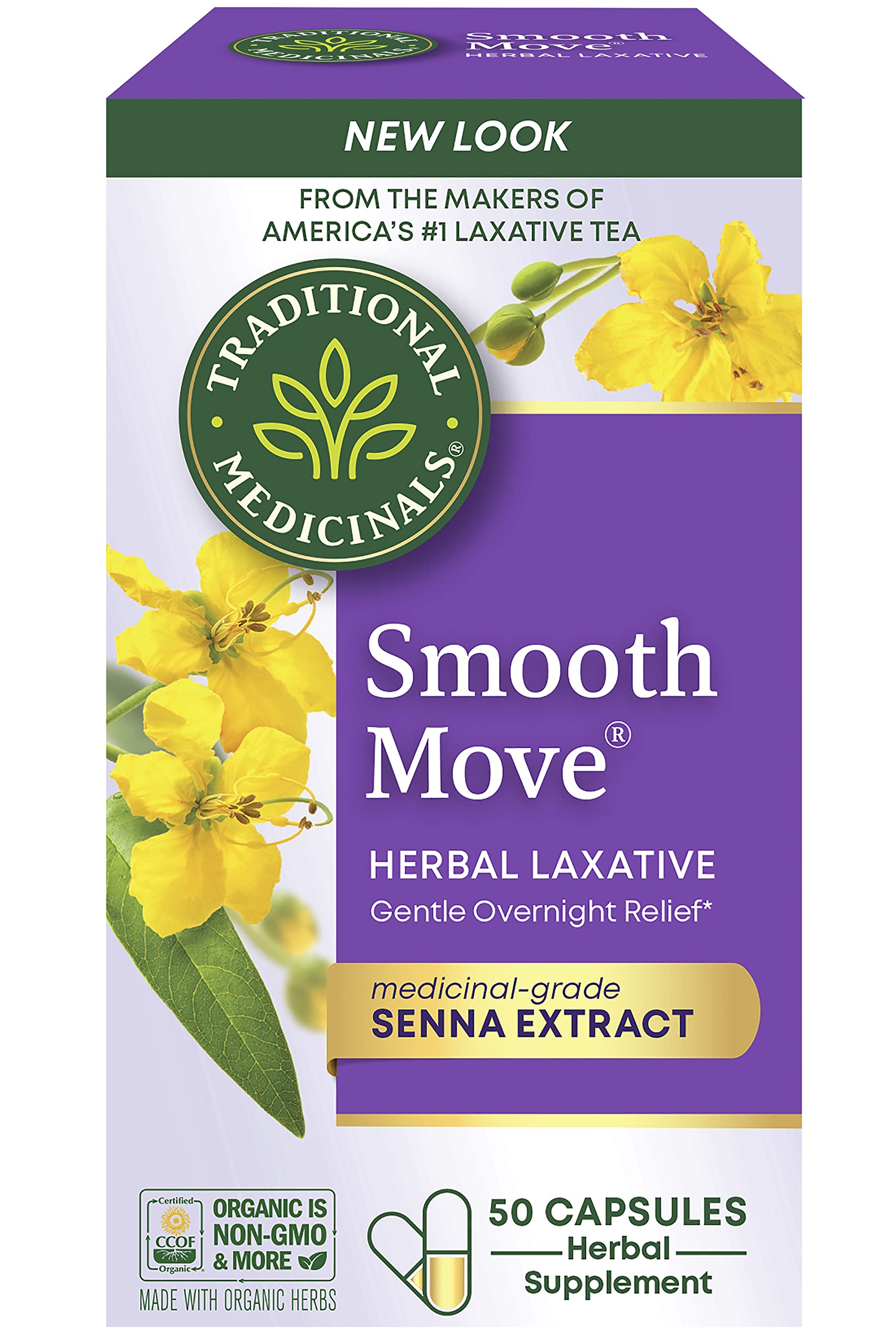 Photo 1 of Traditional Medicinals - Smooth Move Laxative Capsules - Contains Organic Senna - Natural Herbal Constipation Relief - 50 Capsules (1 Pack)