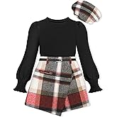 AGAPENG Girl Skirt Sets Smocked Cuffed Fall Outfits Puff Sleeve Tops Plaid Skirt Shorts Adjustable Belt Winter Clothes