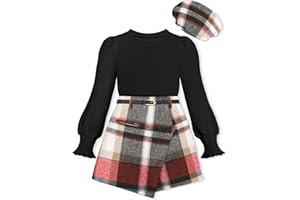AGAPENG Girl Skirt Sets Smocked Cuffed Fall Outfits Puff Sleeve Tops Plaid Skirt Shorts Adjustable Belt Winter Clothes