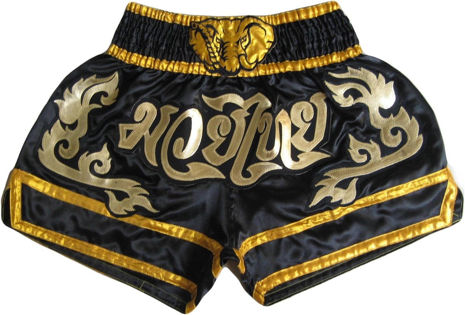 001577 Muay Thai Kick Boxing Shorts Trunks Black Size XL Satin Elephant Head