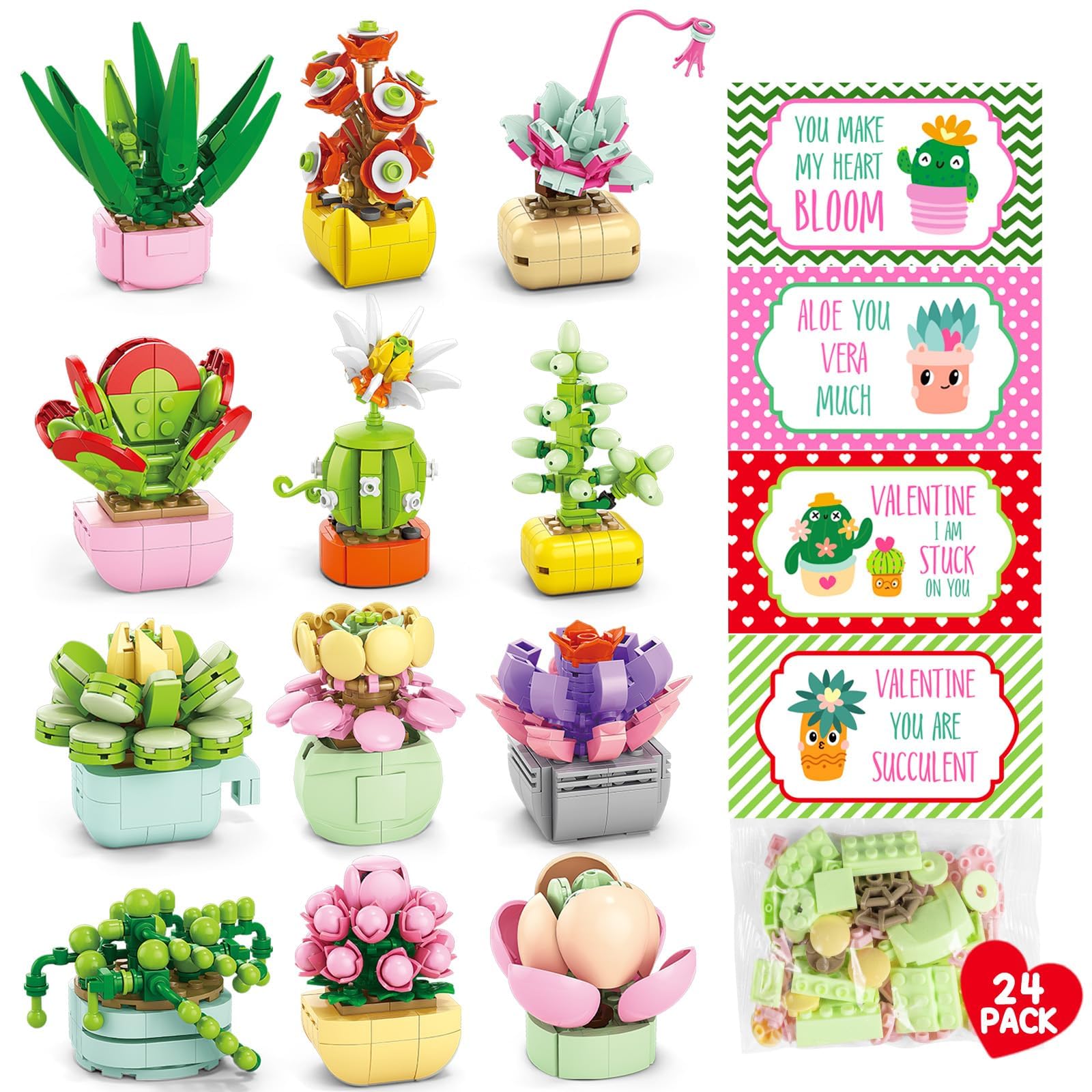 Photo 1 of 24PCS Flowers Succulents Building Blocks Valentines Day Cards for Kids School Party Favors Classroom Prizes Bulk Artificial Botanical Toy Valentines Exchange Gifts Goodie Bags Stuffers for Girl Boy 6+