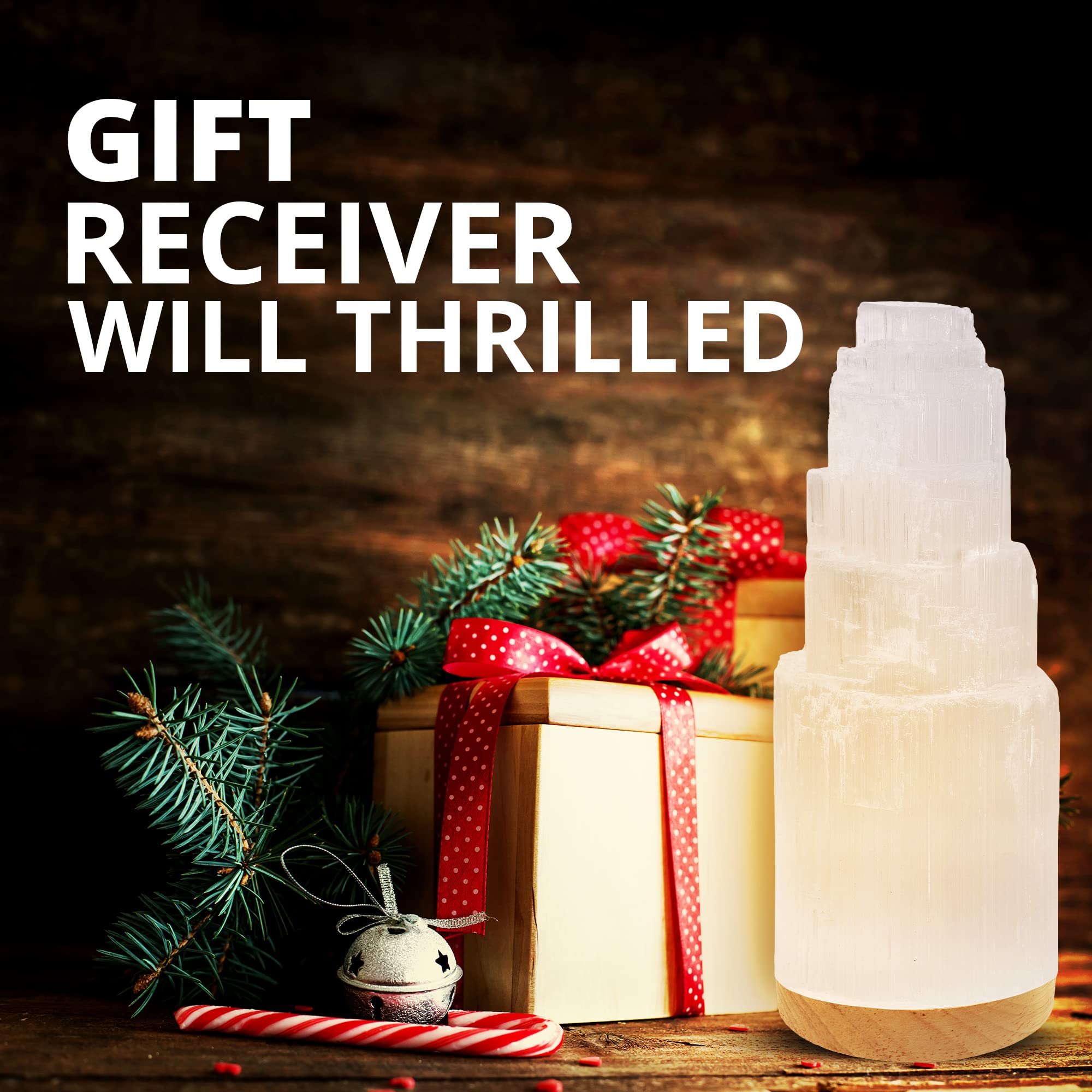 Himalayan Glow Selenite Crystal Lamp 20cm, Moroccan (ETL Certified) Tower Lamp with Wooden Base & USB Charging Cable, Anxiety Relief Healing Crystals for Home Decor