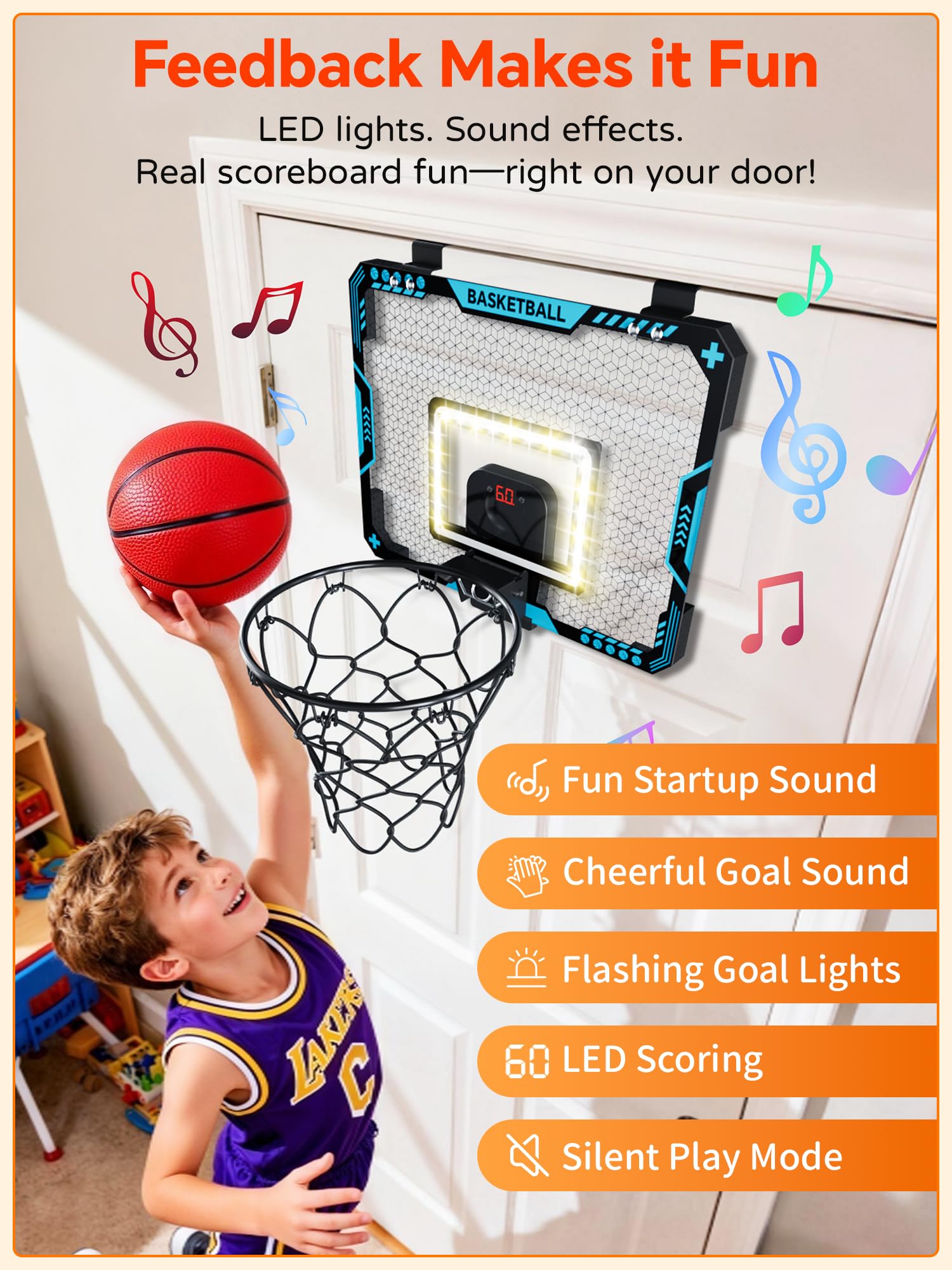 Mini Basketballkorb Indoor Kinder fürs Zimmer, Basketball Korb mit Elektronische Anzeigetafel, Faltbar, 3 Basketball, Sport Basketball Spielzeug Geschenke für Jungs Jungen (Blau) 4