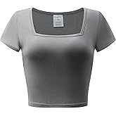 OThread & Co. Women's Short Sleeve Square Neck Crop Top Basic Comfy Stretch Tee