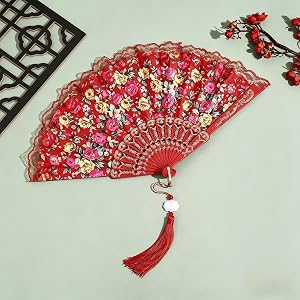 Floral Lace Folding Hand Fan with Tassel, Vintage Chinese Style Foldable Fan, Elegant Handheld Fans for Women, Wedding Party,
