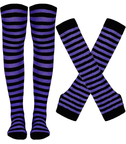 Ensemble Manchettes Et Chaussettes Hautes Rayées Noir Et Blanc Pour Femme - Taille Unique - Coton Mélangé - Pour Automne/hiver - 11