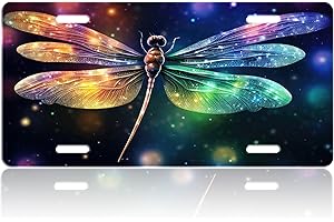 RZZLP Colorful Glowing Cute Dragonfly Car Front License Plate Cover,Personalized License Plate Rust-Proof Stainless Metal Car Plates Tag Novelty Decorative for Men Women,12.2" X 6.2"