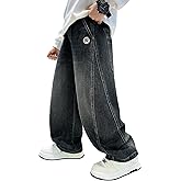 Rolanko Boys Baggy Jeans, Wide Leg Elastic Waist Denim Pants Loose Fit Trousers Vintage Y2K Streetwear