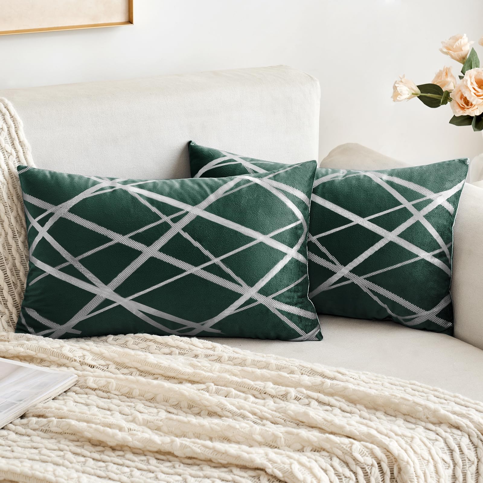 MIULEE Christmas Cushion Cover Set of 2 Velvet Square Throw Pillow Case Decorative Silver Lines Print for Living Room Bedroom Bed Sofa Super Soft Modern 30 x 50 cm Dark Green