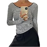 Floerns Women's Striped Backless Tops Scoop Neck Ribbed Long Sleeve Casual T Shirts