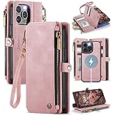 Defencase for iPhone 15 Pro Max Magnetic Wallet Case Compatible with Magsafe with RFID Blocking Zipper Strap Card Holder for Women, PU Leather Detachable Case for iPhone 15 Pro Max (6.7"), Rose Pink