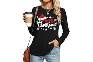 QAUN Chemise de Noël à manches longues pour femme - Imprimé Merry Christmas - Haut de Noël à manches longues - Chemise de Noë