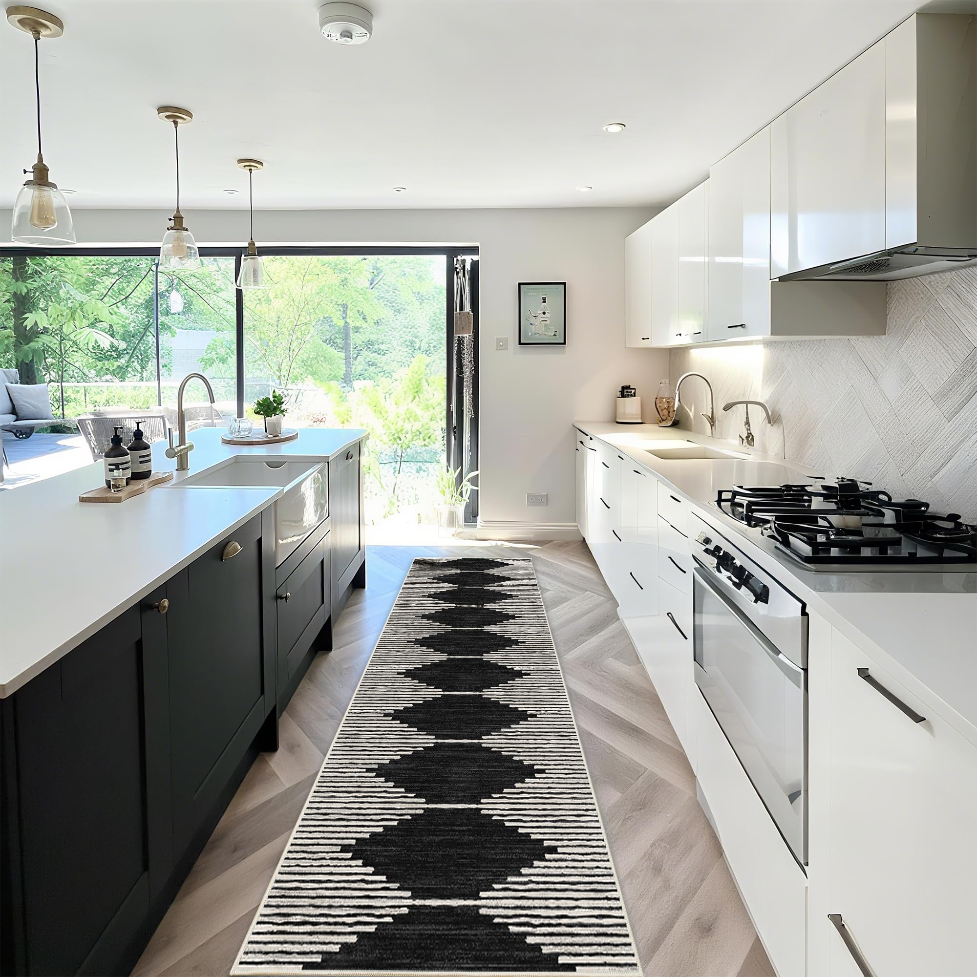 Photo 1 of HelloTree Hallway Runner Rug?2.6x10 Moroccan Modern Stripe Carpet Washable Machine Bathroom Runner Bohemian Design Modern Soft Non Slip Indoor Rug for Entryway Hallway Laundry Room Bedroom-Black