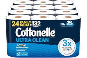 Cottonelle Ultra Clean Toilet Paper with Active CleaningRipples Texture, Strong Bath Tissue, 24 Family Mega Rolls = 132 Regular Rolls (4 Packs of 6)