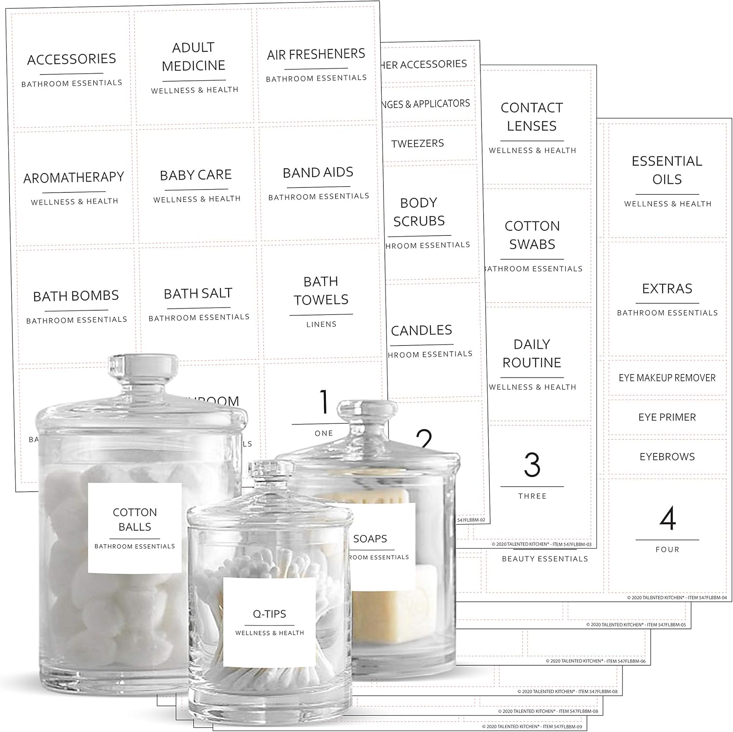 Talented Kitchen 174 Minimalist Bathroom Labels Set with Makeup Labels, Black Print on White Matte Backing, Water Resistant. 174 Bathroom, Beauty & Makeup Vinyl Stickers. Organization Storage System