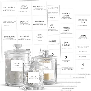 Talented Kitchen 174 Minimalist Bathroom Labels Set with Makeup Labels, Black Print on White Matte Backing, Water Resistant. 174 Bathroom, Beauty & Makeup Vinyl Stickers. Organization Storage System