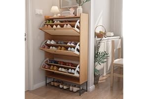 RUSTYER Narrow Shoe Storage Cabinet with 3 Flip Drawers, Freestanding Shoe Organizer Slim Shoe Cabinet Storage, Wooden Closed Shoe Rack for Entryway, Hallway, Living Room, Natural