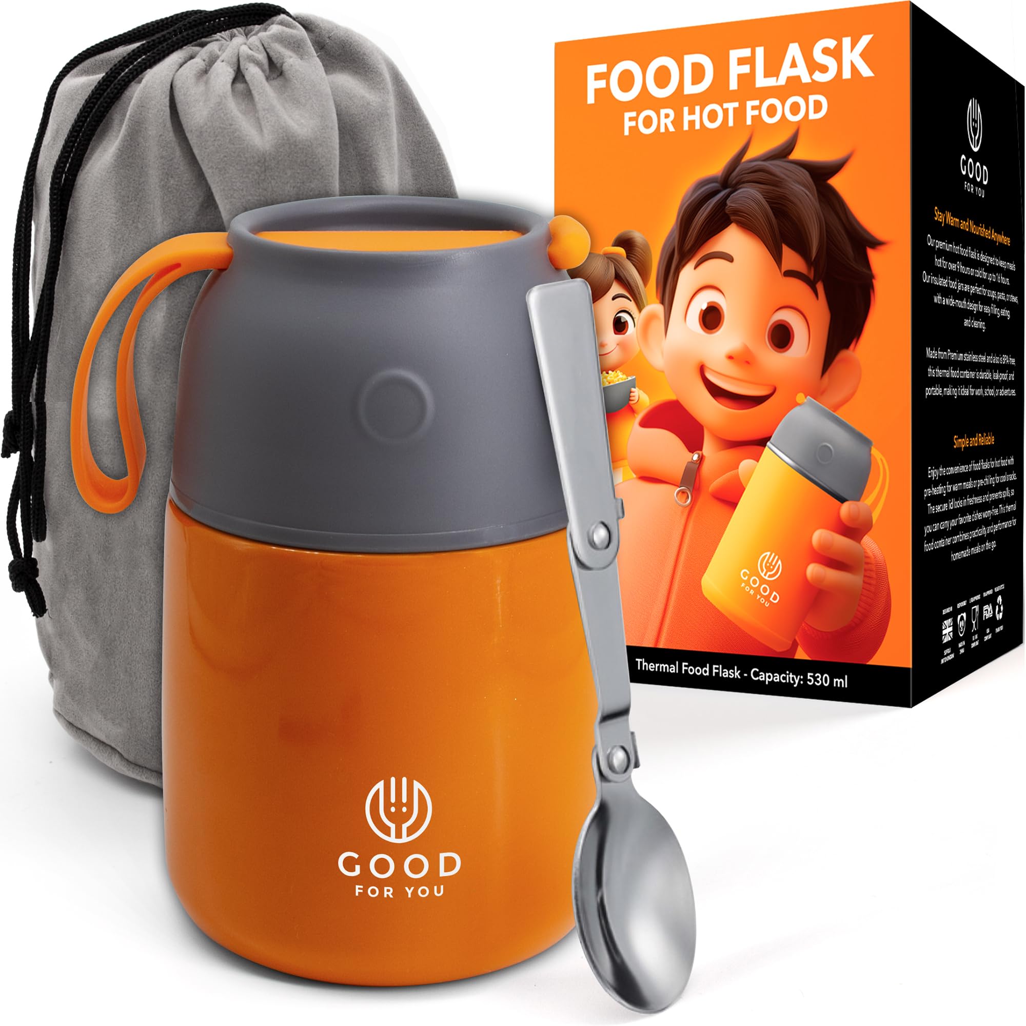 GOOD FOR YOU - Thermal Food flasks for hot food, Soup containers, ideal as a thermal lunch box, soup flask or food warmer lunch box - Stainless Steel insulated hot food flask - Orange