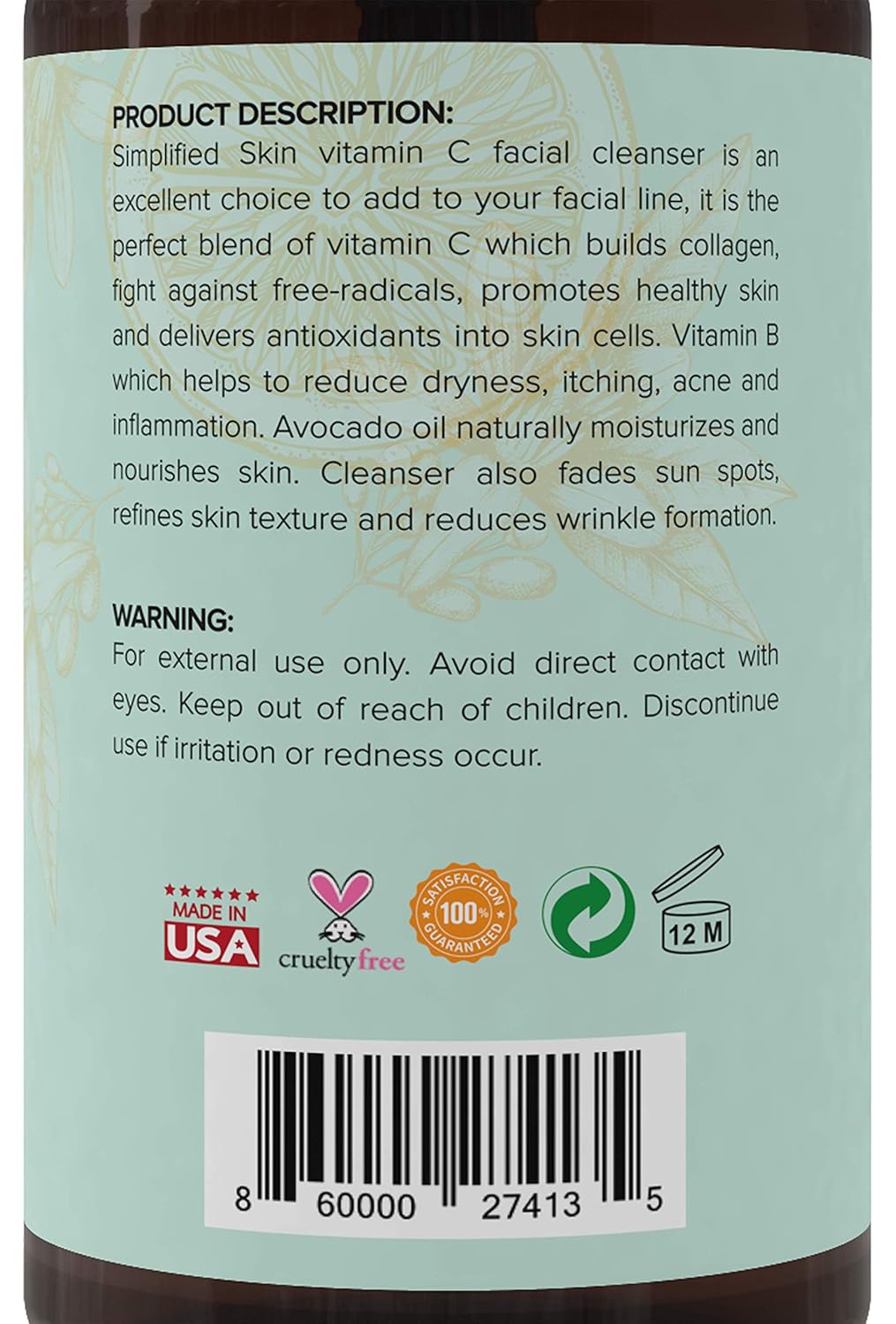 Vitamin C Facial Cleanser (8 oz) Gel for Daily Anti-Aging & Acne Treatment. Clear Pores on Oily, Dry & Sensitive Skin. Best Natural Makeup Removing Face Wash by Simplified Skin: Beauty
