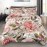 Pamnest Comforter Set King Size, Floral Rose Lilac 3 Pcs Soft Bedding Set for Kids and Adults, Green Leaves Botanical Comforter Set with 2 Pillowcases, for Bedroom Bed Decor