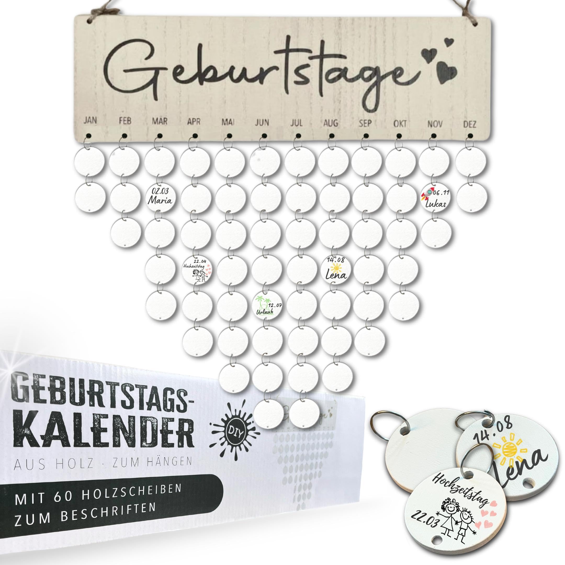 Bada Bing DIY Birthday Calendar with 60 Wooden Discs for Labelling, Year-Independent Family Calendar Decoration for Hanging Wall Calendar Birthday with Wooden Discs Individually Customisable