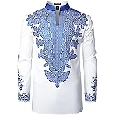 LucMatton Men's African Attire Slim Fit Long Sleeve Dashiki Shirt with Metallic Foil Print & Mandarin Collar