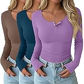 Velvelhall 3 Pack Women's Henley Tops Fall Cotton Blend Long Sleeve Button T Shirts Trendy Slim Fit U Neck Basic Tight Tee