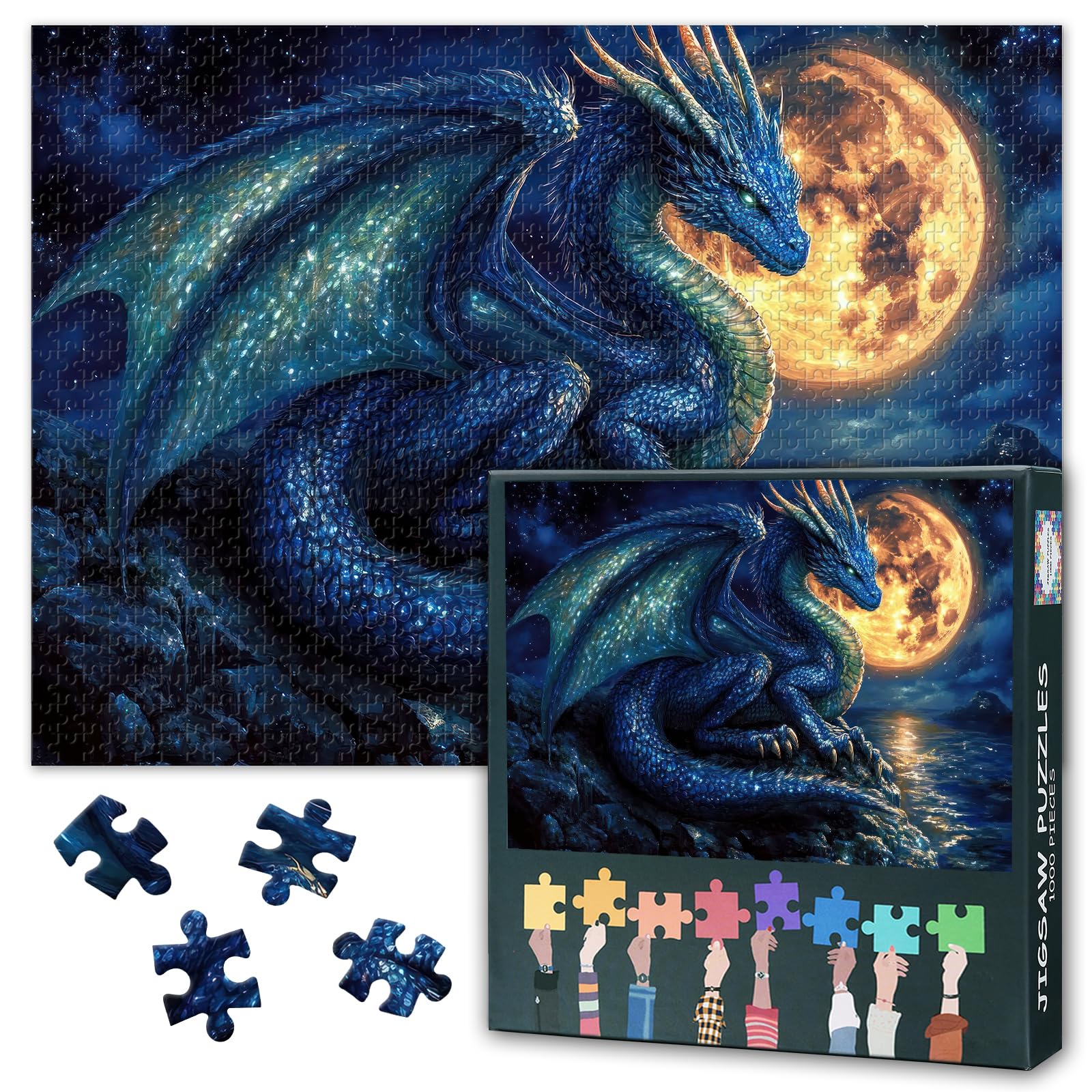 Jigsaw Puzzle 1000 Pieces, Blue Dragon Adult Jigsaw Puzzles, Adults Puzzles Dragon and Moon 1000 Piece Challenging Puzzle Perfect for Nights Educational Finished Size 50x70cm