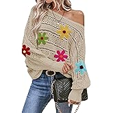 Cakulo Womens Off Shoulder Sweater Top Fall Outfits Fashion 2025 Oversized Knit Batwing Long Sleeve Crochet Flower Sweaters