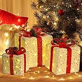 Set of 3 Christmas Lighted Gift Boxes, 60 LED Christmas Box Decorations, Presents Boxes with Ribbon Bows Christma Ornaments for Xmas Tree, Yard, Home, Indoor Outdoor Holiday Decor