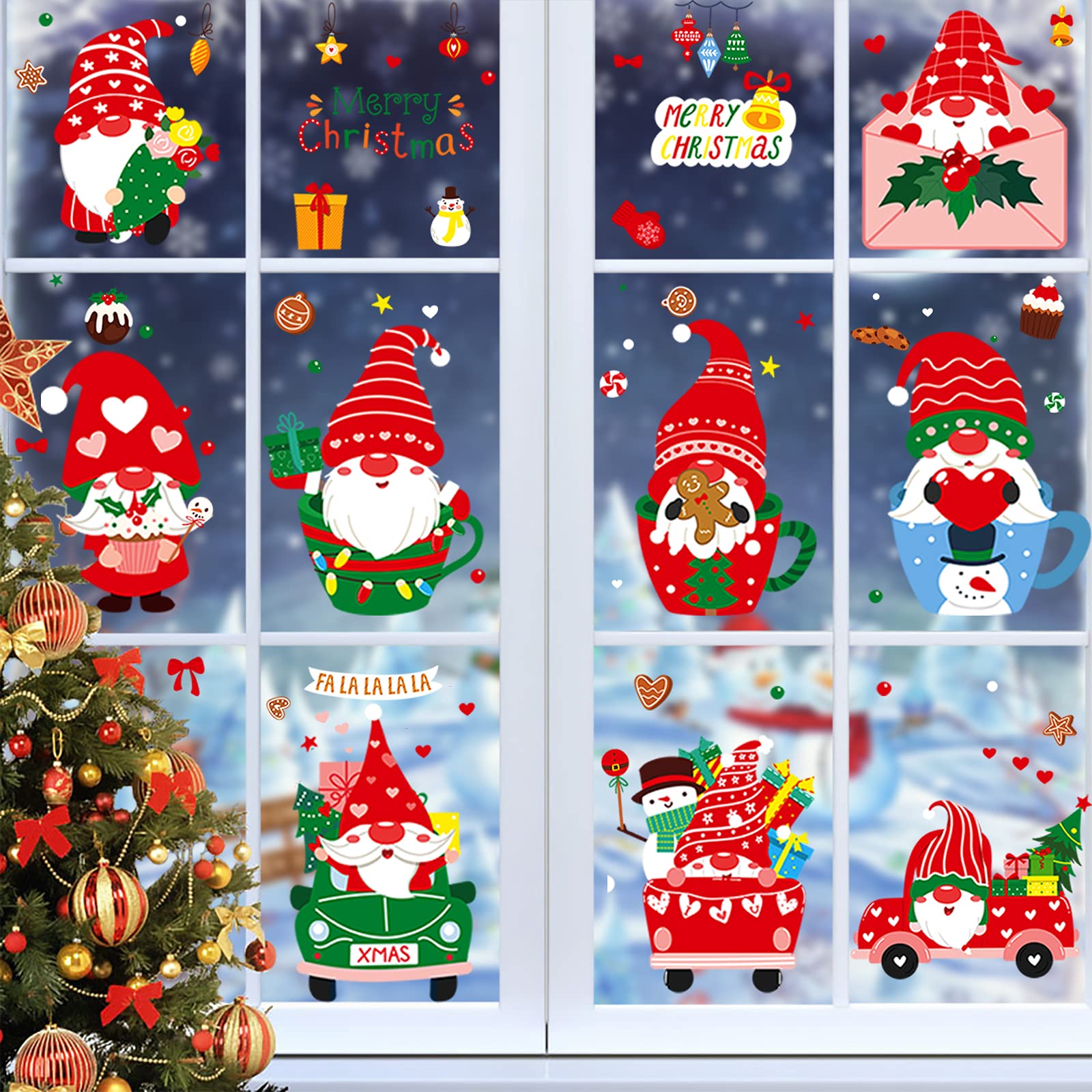Upriver Festival Window Stickers 9 Sheets Festival Window Decorations Reusable Double Sided Gonk Gnome Santa Claus Festival Windows Clings Winter Home Office Glass Decorations