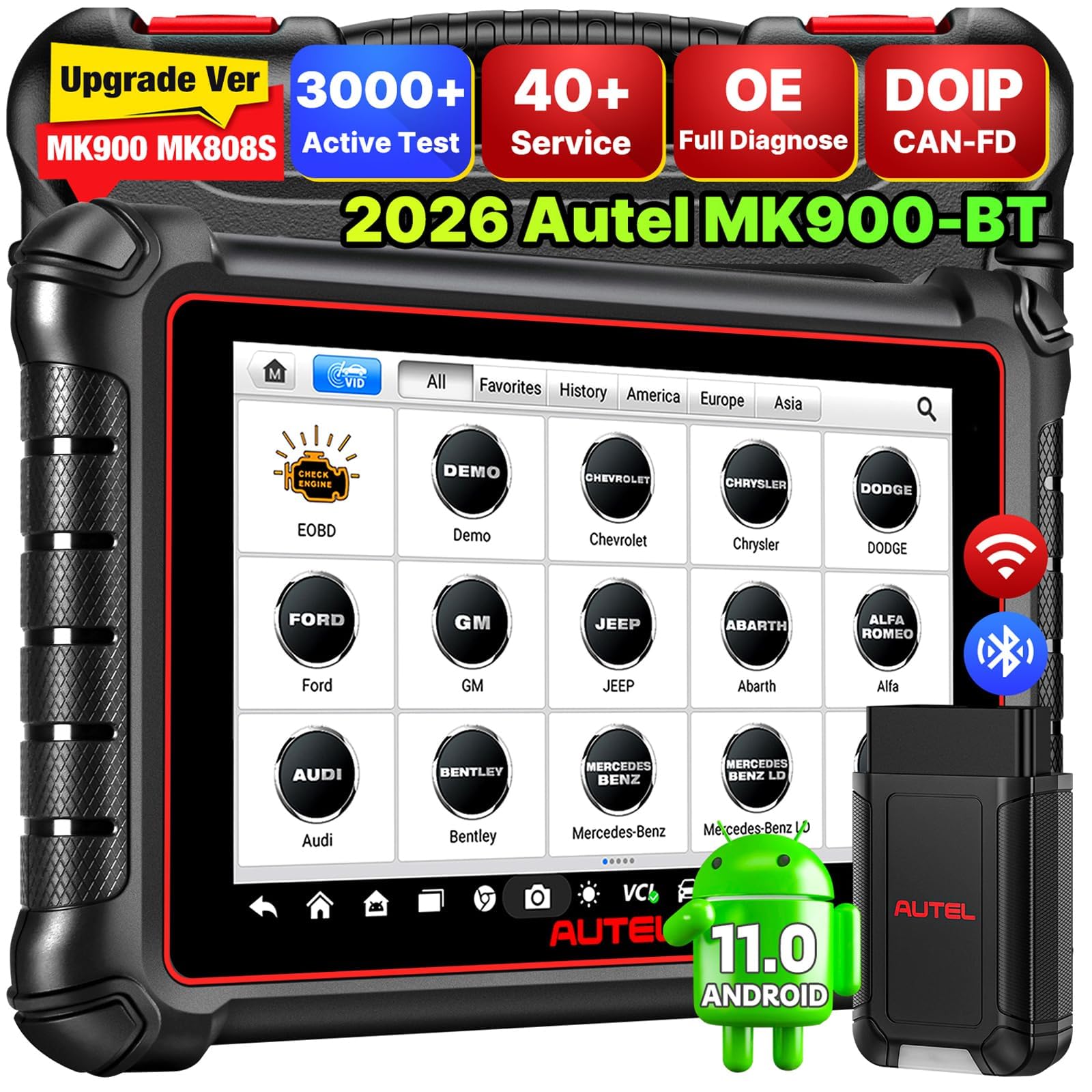 Autel MaxiCOM MK900BT OBD2 Scanner: 2025 V2.0 Bidirectional Diagnostic Tool, Wireless Ver. of MK900 MK808S MK808BT PRO MX808S MK808Z, 40+ Service, 3K+ Active Tests, DOIP CANFD, All System, OS11