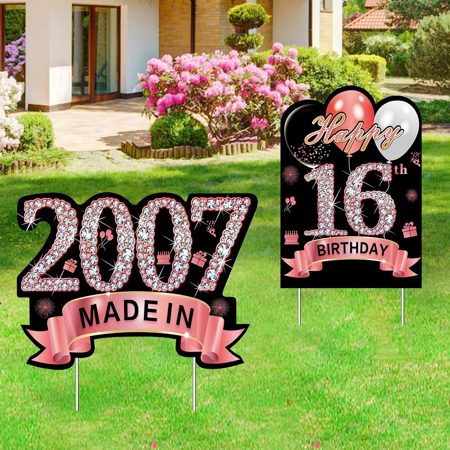 Yard Signs - 2Pcs 16th Birthday Yard Sign Decorations for Girls, Rose Gold Happy 16th Birthday Made in 2007 Lawn Sign Party Supplies, 16 Birthday Outdoor Yard Decor with Stakes