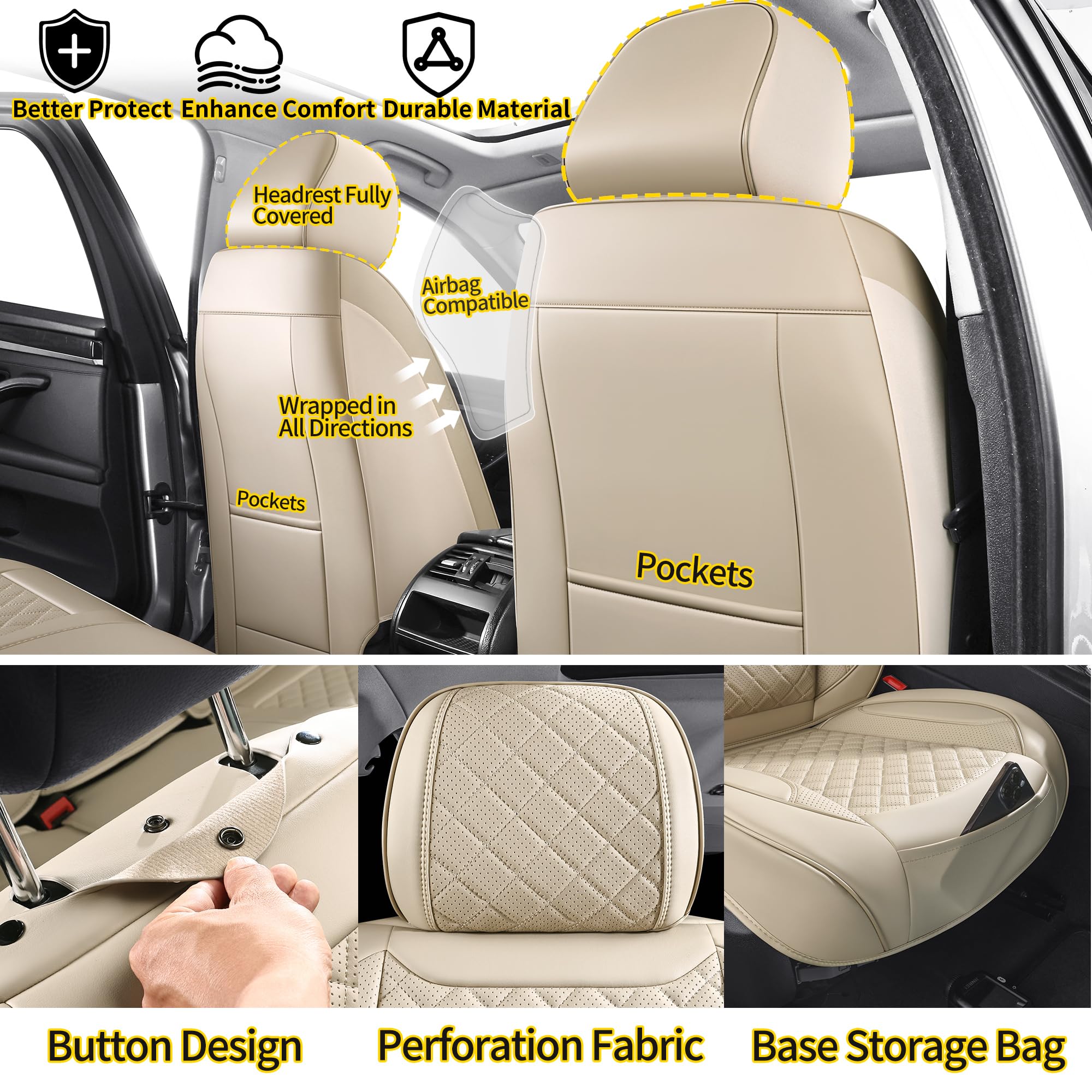 Chezope Automotive Car Seat Covers Front Pair Set Universal Fit for Most Cars SUV Sedans Trucks Waterproof Leatherette Car Seat Covers Accessories (Beige, Front Pair Beige)