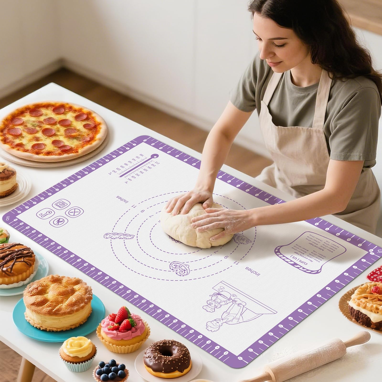 Silicone Pastry Mat with 10 Useful Recipes, Silicone Mat for Baking, Dough Rolling for Bread, Cookie, Macaron, Pizza, Surdough, Pastry Non Stick Silicone Mat for Counter Image