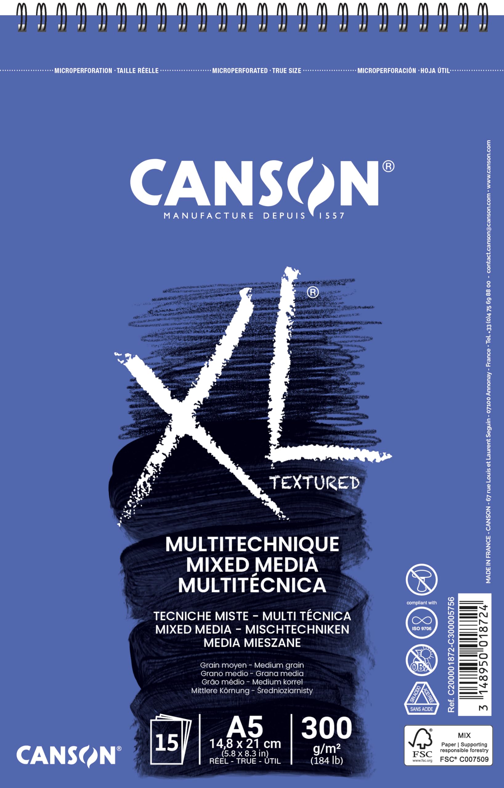 CANSON XL Textured Mixed Media 300gsm A5 Paper, Medium Grain, Spiral Pad Short Side, 15 White Sheets, For Professional Artists & Illustrators — image 1