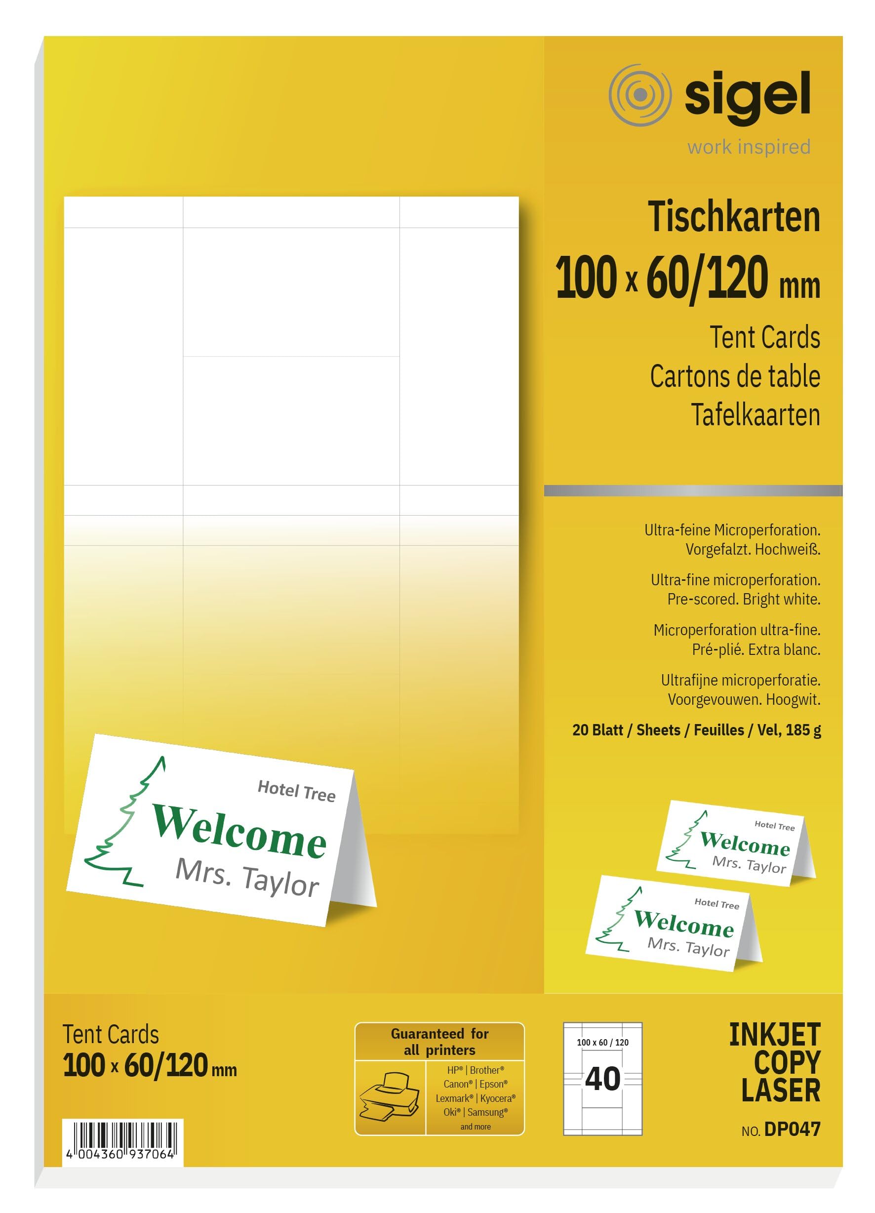 SIGEL DP047 Tent Cards, 10 x 6 cm, 20 sheets equal to 40 Pieces