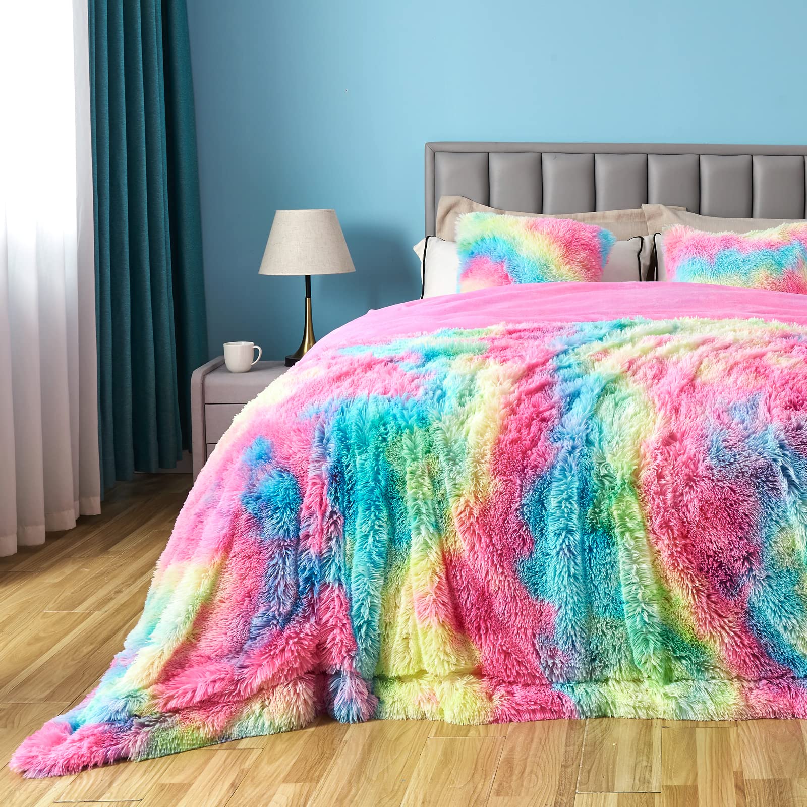 GONAAP Fuzzy Faux Fur Throw Blanket Queen Size Dark Rainbow Super Soft Cozy Plush Fuzzy Shaggy Blanket for Couch Sofa Bed (Dark Rainbow, Queen(90"x90")) Image
