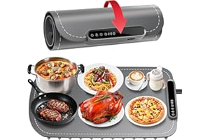 DEELHETY Warming Mat for Food, Upgraded Fast-Heating Electric Warming Tray with 7 Temp Levels & 8 Timers, Buffet Raised Feet & Rollable Silicone Heat Pad, Portable Food Warmer for Home, Party & Travel